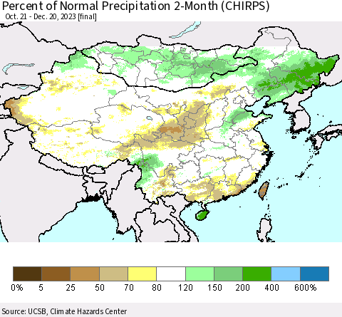China, Mongolia and Taiwan Percent of Normal Precipitation 2-Month (CHIRPS) Thematic Map For 10/21/2023 - 12/20/2023
