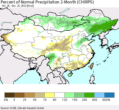 China, Mongolia and Taiwan Percent of Normal Precipitation 2-Month (CHIRPS) Thematic Map For 10/26/2023 - 12/25/2023