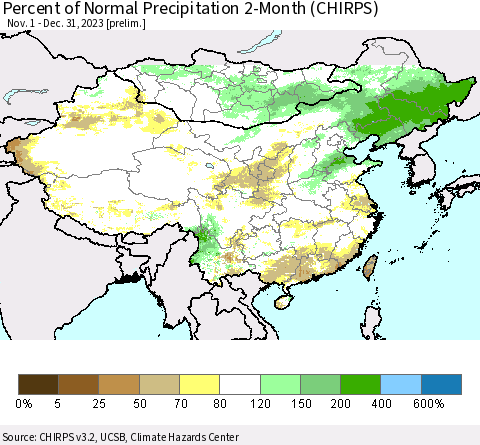 China, Mongolia and Taiwan Percent of Normal Precipitation 2-Month (CHIRPS) Thematic Map For 11/1/2023 - 12/31/2023