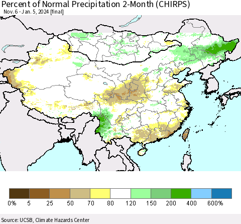China, Mongolia and Taiwan Percent of Normal Precipitation 2-Month (CHIRPS) Thematic Map For 11/6/2023 - 1/5/2024