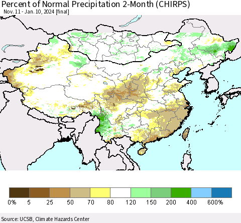 China, Mongolia and Taiwan Percent of Normal Precipitation 2-Month (CHIRPS) Thematic Map For 11/11/2023 - 1/10/2024