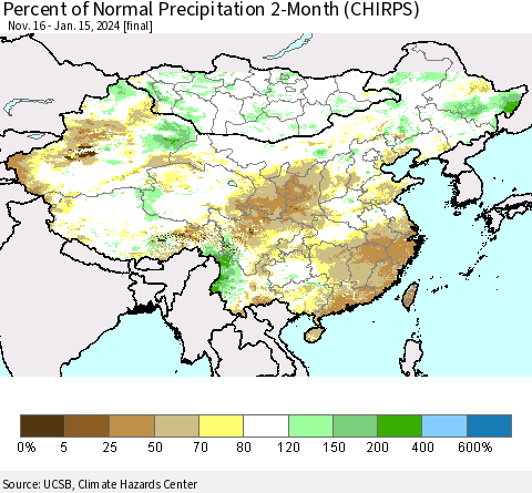 China, Mongolia and Taiwan Percent of Normal Precipitation 2-Month (CHIRPS) Thematic Map For 11/16/2023 - 1/15/2024
