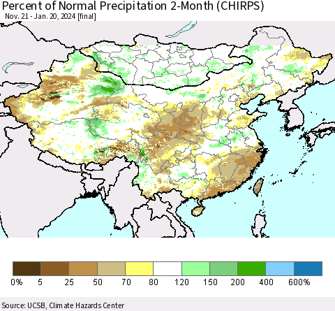 China, Mongolia and Taiwan Percent of Normal Precipitation 2-Month (CHIRPS) Thematic Map For 11/21/2023 - 1/20/2024