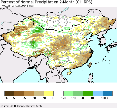 China, Mongolia and Taiwan Percent of Normal Precipitation 2-Month (CHIRPS) Thematic Map For 11/26/2023 - 1/25/2024