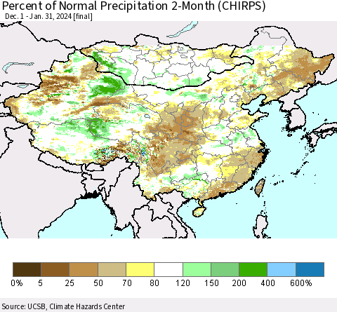 China, Mongolia and Taiwan Percent of Normal Precipitation 2-Month (CHIRPS) Thematic Map For 12/1/2023 - 1/31/2024