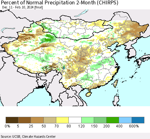 China, Mongolia and Taiwan Percent of Normal Precipitation 2-Month (CHIRPS) Thematic Map For 12/11/2023 - 2/10/2024