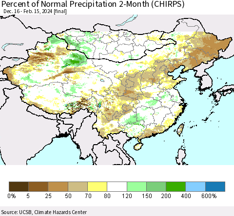 China, Mongolia and Taiwan Percent of Normal Precipitation 2-Month (CHIRPS) Thematic Map For 12/16/2023 - 2/15/2024