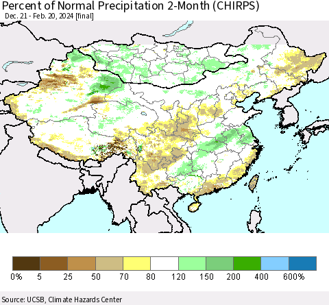 China, Mongolia and Taiwan Percent of Normal Precipitation 2-Month (CHIRPS) Thematic Map For 12/21/2023 - 2/20/2024