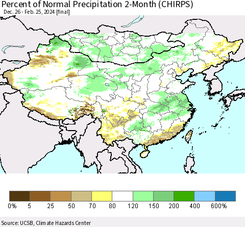 China, Mongolia and Taiwan Percent of Normal Precipitation 2-Month (CHIRPS) Thematic Map For 12/26/2023 - 2/25/2024