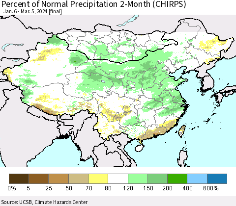 China, Mongolia and Taiwan Percent of Normal Precipitation 2-Month (CHIRPS) Thematic Map For 1/6/2024 - 3/5/2024