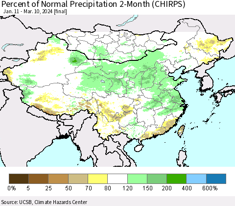 China, Mongolia and Taiwan Percent of Normal Precipitation 2-Month (CHIRPS) Thematic Map For 1/11/2024 - 3/10/2024