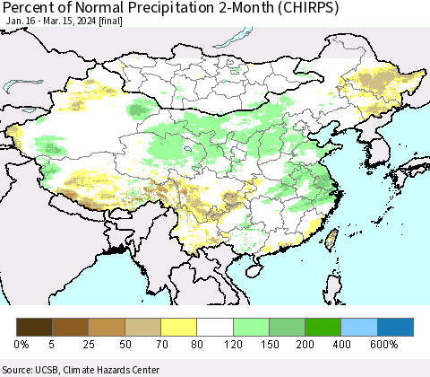 China, Mongolia and Taiwan Percent of Normal Precipitation 2-Month (CHIRPS) Thematic Map For 1/16/2024 - 3/15/2024