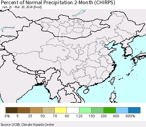 China, Mongolia and Taiwan Percent of Normal Precipitation 2-Month (CHIRPS) Thematic Map For 1/21/2024 - 3/20/2024