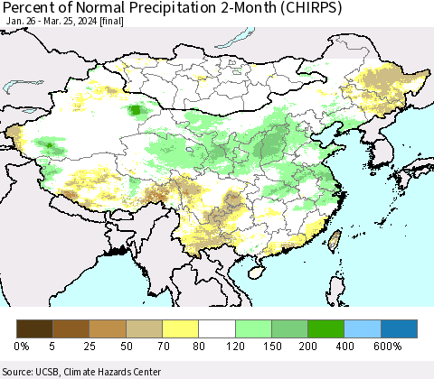 China, Mongolia and Taiwan Percent of Normal Precipitation 2-Month (CHIRPS) Thematic Map For 1/26/2024 - 3/25/2024