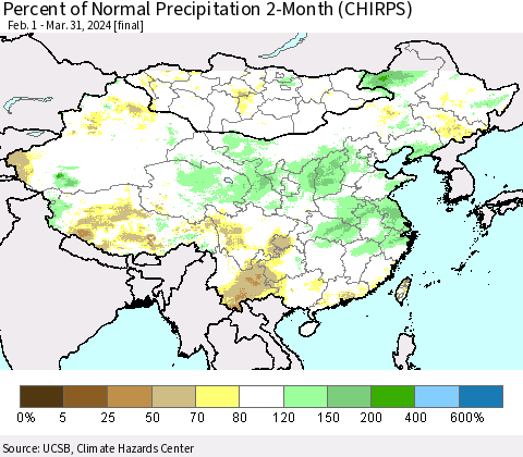 China, Mongolia and Taiwan Percent of Normal Precipitation 2-Month (CHIRPS) Thematic Map For 2/1/2024 - 3/31/2024