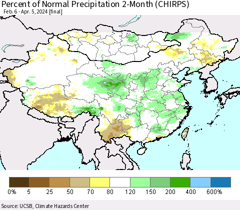 China, Mongolia and Taiwan Percent of Normal Precipitation 2-Month (CHIRPS) Thematic Map For 2/6/2024 - 4/5/2024