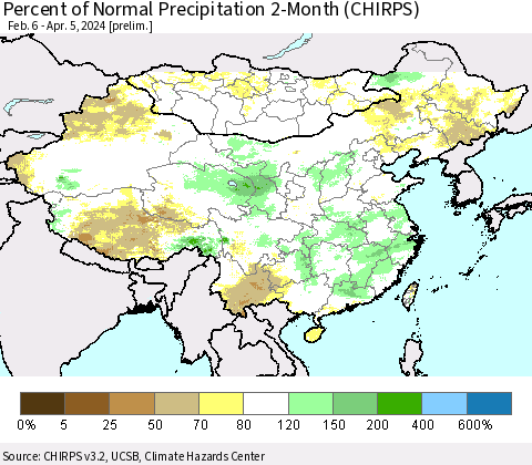 China, Mongolia and Taiwan Percent of Normal Precipitation 2-Month (CHIRPS) Thematic Map For 2/6/2024 - 4/5/2024