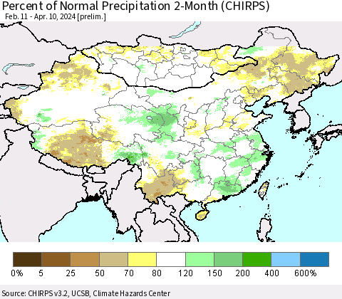 China, Mongolia and Taiwan Percent of Normal Precipitation 2-Month (CHIRPS) Thematic Map For 2/11/2024 - 4/10/2024