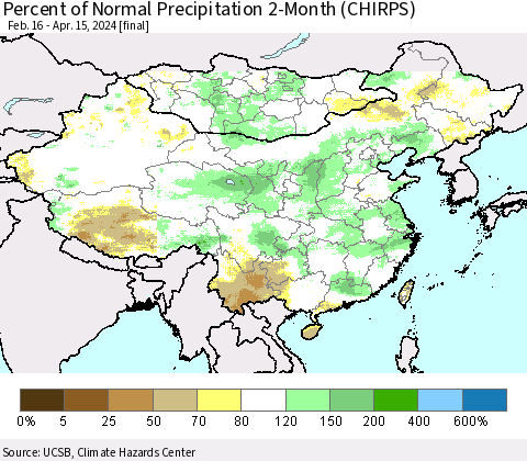 China, Mongolia and Taiwan Percent of Normal Precipitation 2-Month (CHIRPS) Thematic Map For 2/16/2024 - 4/15/2024