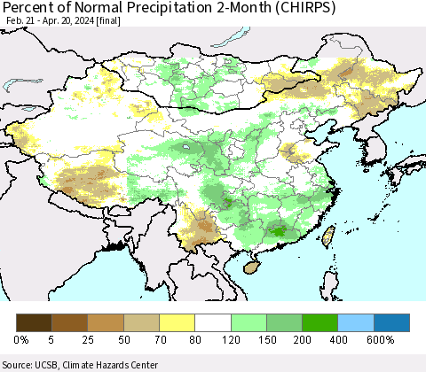 China, Mongolia and Taiwan Percent of Normal Precipitation 2-Month (CHIRPS) Thematic Map For 2/21/2024 - 4/20/2024