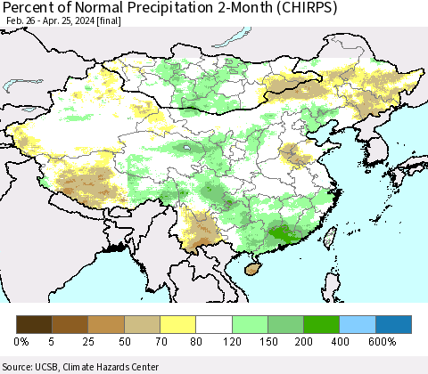 China, Mongolia and Taiwan Percent of Normal Precipitation 2-Month (CHIRPS) Thematic Map For 2/26/2024 - 4/25/2024