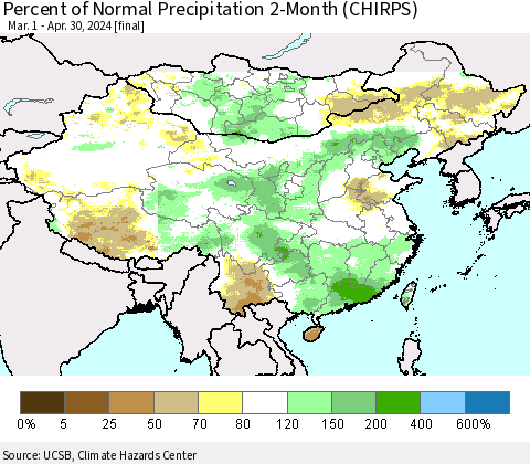 China, Mongolia and Taiwan Percent of Normal Precipitation 2-Month (CHIRPS) Thematic Map For 3/1/2024 - 4/30/2024