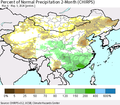 China, Mongolia and Taiwan Percent of Normal Precipitation 2-Month (CHIRPS) Thematic Map For 3/6/2024 - 5/5/2024