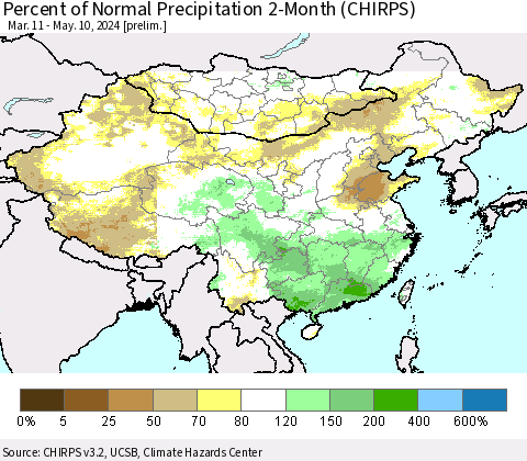 China, Mongolia and Taiwan Percent of Normal Precipitation 2-Month (CHIRPS) Thematic Map For 3/11/2024 - 5/10/2024