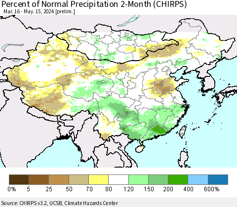 China, Mongolia and Taiwan Percent of Normal Precipitation 2-Month (CHIRPS) Thematic Map For 3/16/2024 - 5/15/2024
