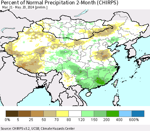China, Mongolia and Taiwan Percent of Normal Precipitation 2-Month (CHIRPS) Thematic Map For 3/21/2024 - 5/20/2024