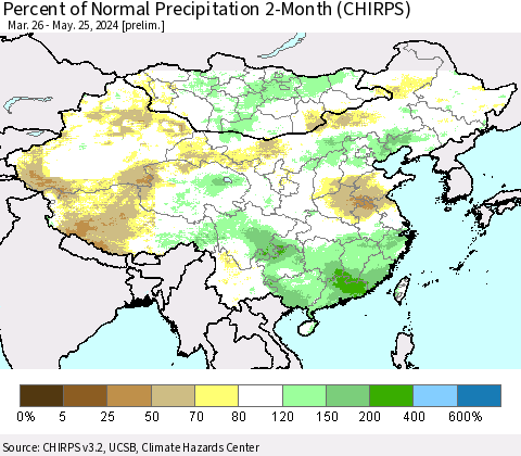 China, Mongolia and Taiwan Percent of Normal Precipitation 2-Month (CHIRPS) Thematic Map For 3/26/2024 - 5/25/2024