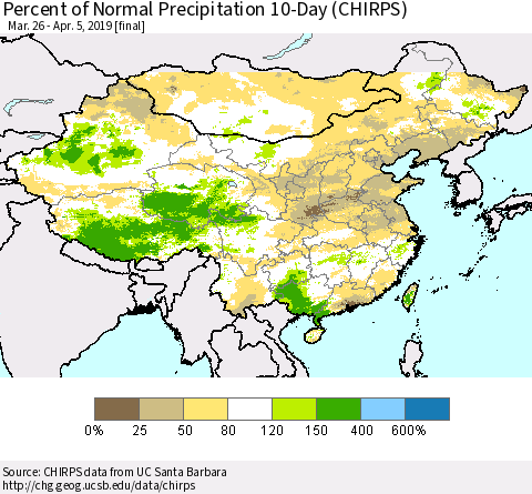 China and Taiwan Percent of Normal Precipitation 10-Day (CHIRPS) Thematic Map For 3/26/2019 - 4/5/2019