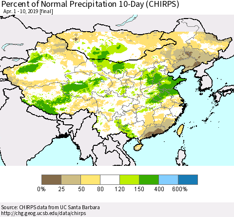 China and Taiwan Percent of Normal Precipitation 10-Day (CHIRPS) Thematic Map For 4/1/2019 - 4/10/2019