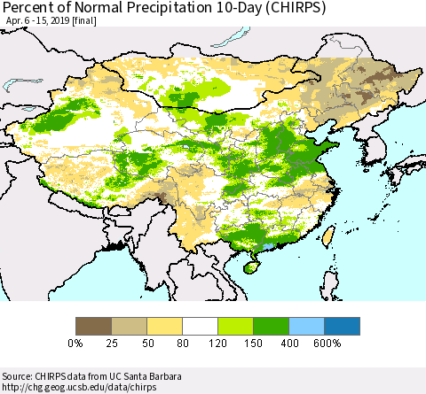 China, Mongolia and Taiwan Percent of Normal Precipitation 10-Day (CHIRPS) Thematic Map For 4/6/2019 - 4/15/2019
