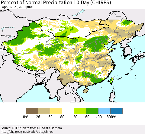 China and Taiwan Percent of Normal Precipitation 10-Day (CHIRPS) Thematic Map For 4/16/2019 - 4/25/2019