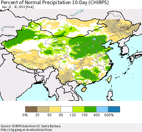 China and Taiwan Percent of Normal Precipitation 10-Day (CHIRPS) Thematic Map For 4/21/2019 - 4/30/2019