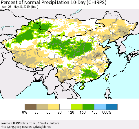 China and Taiwan Percent of Normal Precipitation 10-Day (CHIRPS) Thematic Map For 4/26/2019 - 5/5/2019
