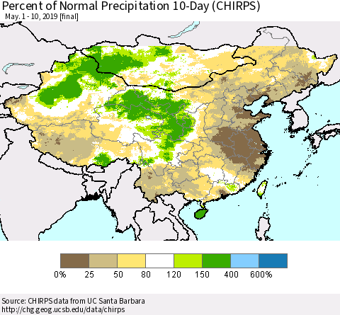 China, Mongolia and Taiwan Percent of Normal Precipitation 10-Day (CHIRPS) Thematic Map For 5/1/2019 - 5/10/2019