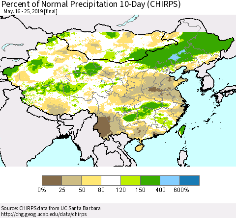 China and Taiwan Percent of Normal Precipitation 10-Day (CHIRPS) Thematic Map For 5/16/2019 - 5/25/2019