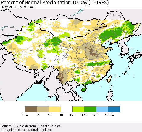 China and Taiwan Percent of Normal Precipitation 10-Day (CHIRPS) Thematic Map For 5/21/2019 - 5/31/2019