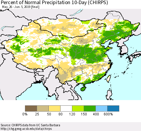 China and Taiwan Percent of Normal Precipitation 10-Day (CHIRPS) Thematic Map For 5/26/2019 - 6/5/2019