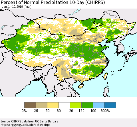 China and Taiwan Percent of Normal Precipitation 10-Day (CHIRPS) Thematic Map For 6/1/2019 - 6/10/2019
