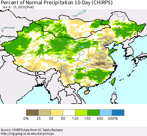 China and Taiwan Percent of Normal Precipitation 10-Day (CHIRPS) Thematic Map For 6/6/2019 - 6/15/2019
