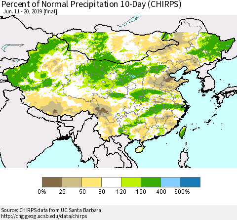 China and Taiwan Percent of Normal Precipitation 10-Day (CHIRPS) Thematic Map For 6/11/2019 - 6/20/2019