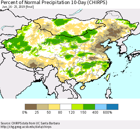 China and Taiwan Percent of Normal Precipitation 10-Day (CHIRPS) Thematic Map For 6/16/2019 - 6/25/2019