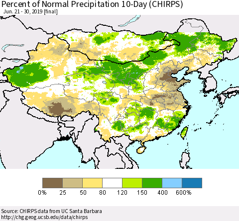 China and Taiwan Percent of Normal Precipitation 10-Day (CHIRPS) Thematic Map For 6/21/2019 - 6/30/2019