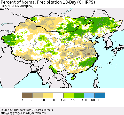 China and Taiwan Percent of Normal Precipitation 10-Day (CHIRPS) Thematic Map For 6/26/2019 - 7/5/2019