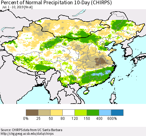 China and Taiwan Percent of Normal Precipitation 10-Day (CHIRPS) Thematic Map For 7/1/2019 - 7/10/2019
