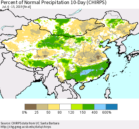 China and Taiwan Percent of Normal Precipitation 10-Day (CHIRPS) Thematic Map For 7/6/2019 - 7/15/2019