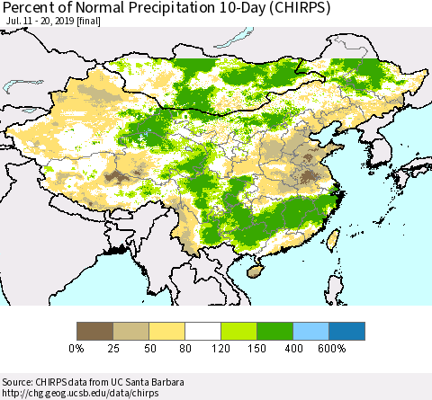 China and Taiwan Percent of Normal Precipitation 10-Day (CHIRPS) Thematic Map For 7/11/2019 - 7/20/2019